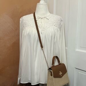 #70 CATHERINE MALANDRINO WHITE LACE YOKE BLOUSE BOHO PEASANT TOP SIZE LARGE